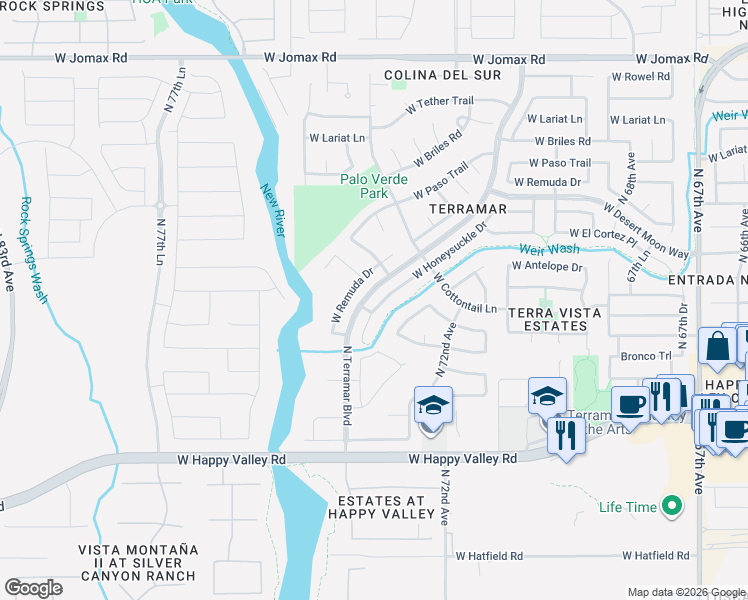 map of restaurants, bars, coffee shops, grocery stores, and more near 7408 West Honeysuckle Drive in Peoria
