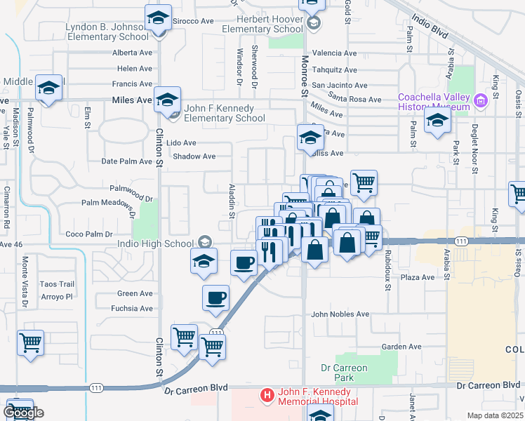 map of restaurants, bars, coffee shops, grocery stores, and more near 81840 Avenue Del Mar in Indio