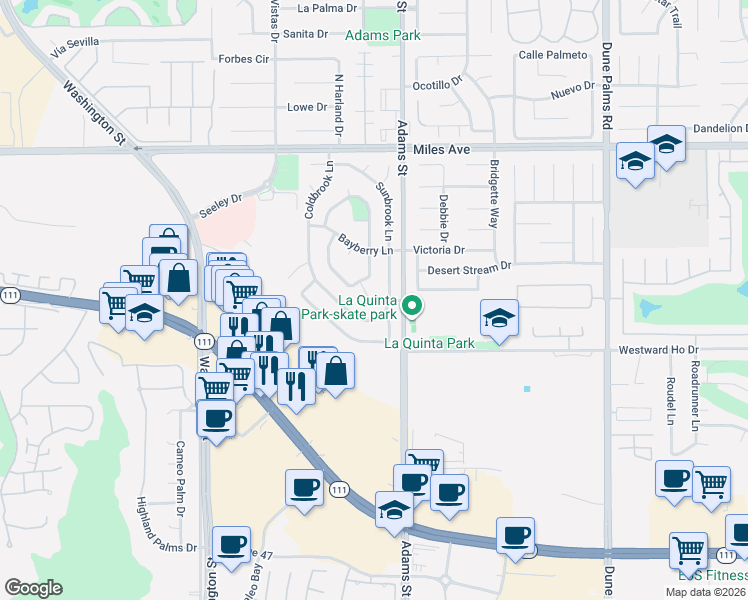 map of restaurants, bars, coffee shops, grocery stores, and more near 45500 Deerbrook Circle in La Quinta