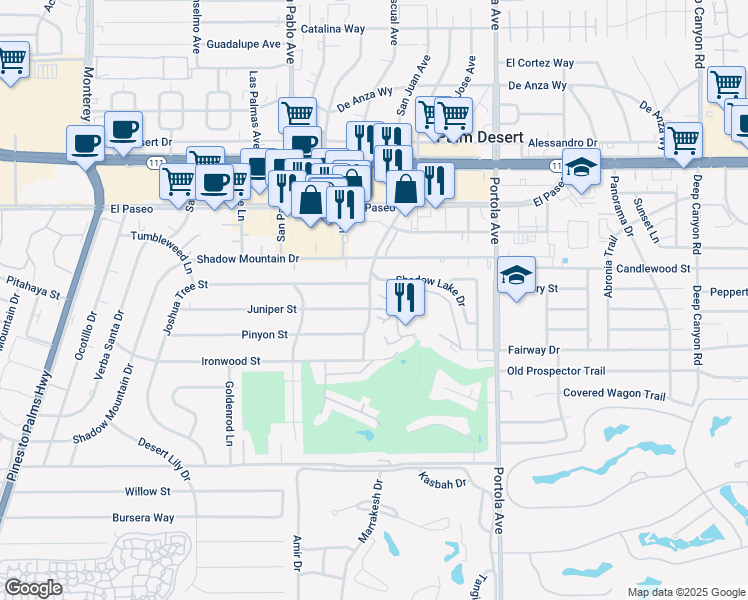 map of restaurants, bars, coffee shops, grocery stores, and more near 73704 Joshua Tree Street in Palm Desert