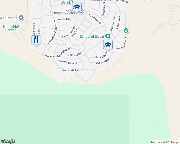 map of restaurants, bars, coffee shops, grocery stores, and more near 13640 Silver Stirrup Drive in Corona