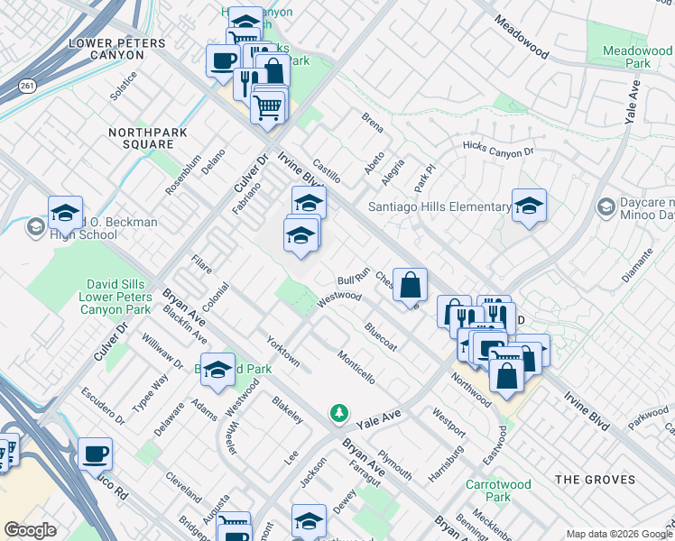 map of restaurants, bars, coffee shops, grocery stores, and more near 7 Shiloh in Irvine