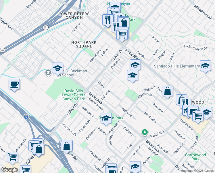 map of restaurants, bars, coffee shops, grocery stores, and more near 7 Filare in Irvine