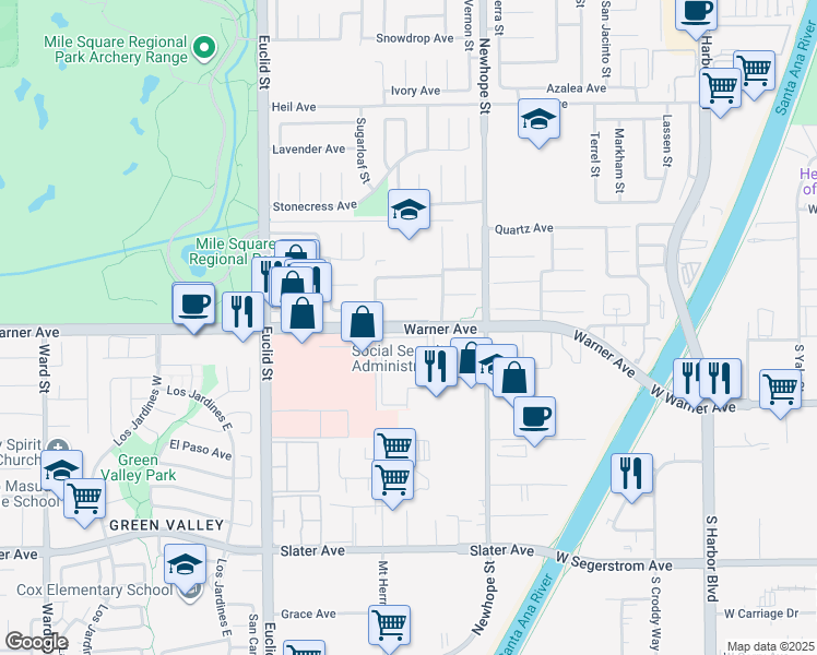 map of restaurants, bars, coffee shops, grocery stores, and more near 11328 Pennell Circle in Fountain Valley