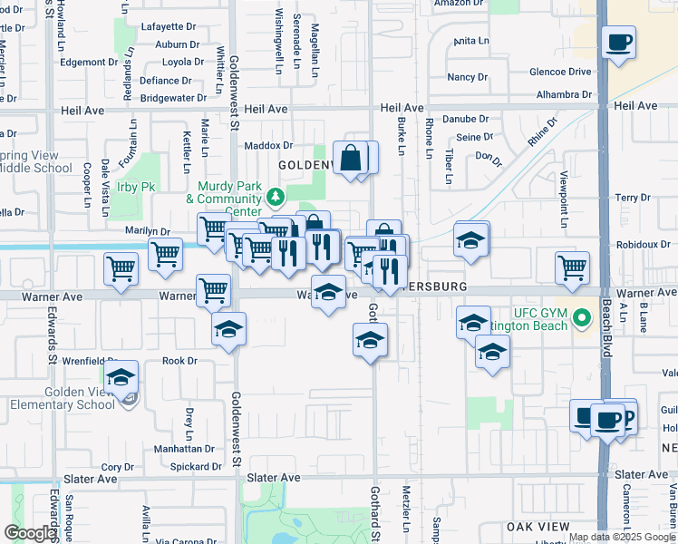 map of restaurants, bars, coffee shops, grocery stores, and more near 7241 Toulouse Drive in Huntington Beach