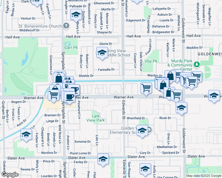 map of restaurants, bars, coffee shops, grocery stores, and more near 6401 Warner Avenue in Huntington Beach