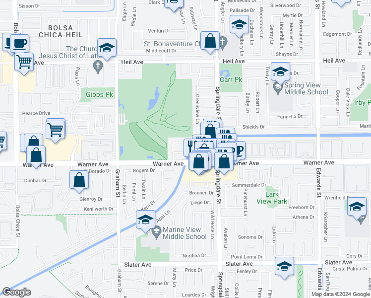 map of restaurants, bars, coffee shops, grocery stores, and more near 5791 Trophy Drive in Huntington Beach