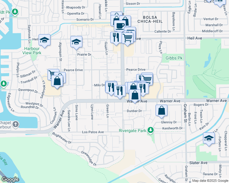 map of restaurants, bars, coffee shops, grocery stores, and more near 4931 Charlene Circle in Huntington Beach