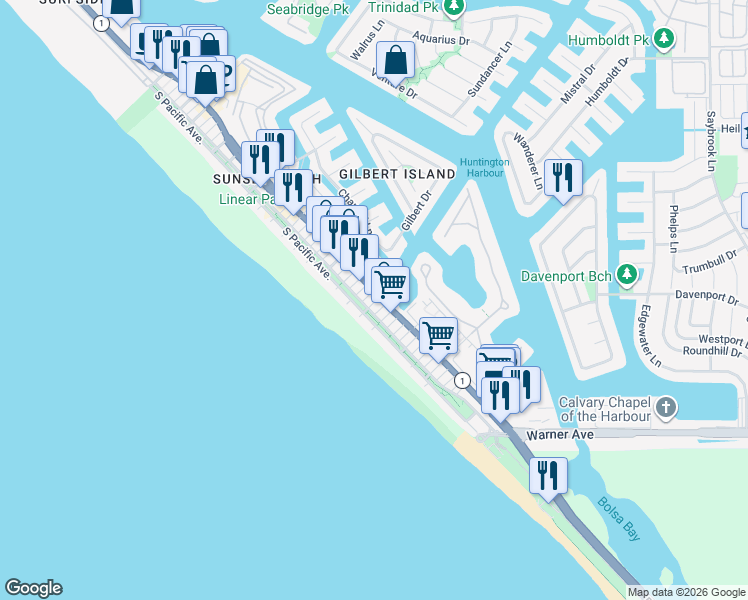map of restaurants, bars, coffee shops, grocery stores, and more near in Huntington Beach