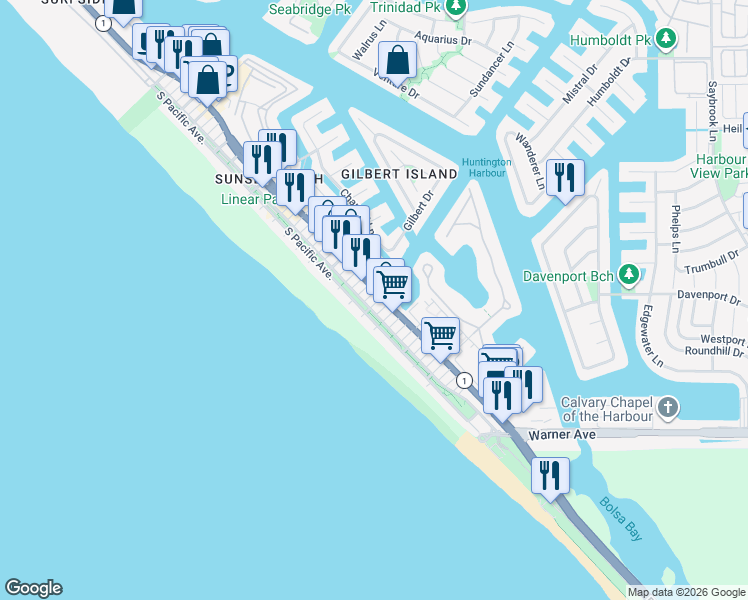 map of restaurants, bars, coffee shops, grocery stores, and more near 16873 California 1 in Huntington Beach