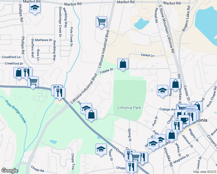 map of restaurants, bars, coffee shops, grocery stores, and more near 2653 Parkway Trail in Lithonia