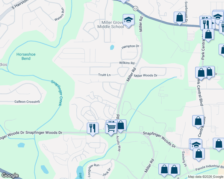 map of restaurants, bars, coffee shops, grocery stores, and more near 4977 Windsor Downs Drive in Decatur