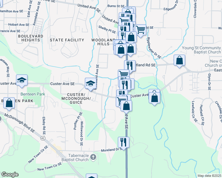 map of restaurants, bars, coffee shops, grocery stores, and more near 1363 Summer Lane Drive Southeast in Atlanta