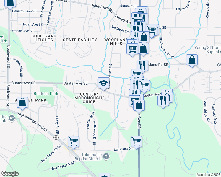 map of restaurants, bars, coffee shops, grocery stores, and more near 1398 Woodland Avenue Southeast in Atlanta