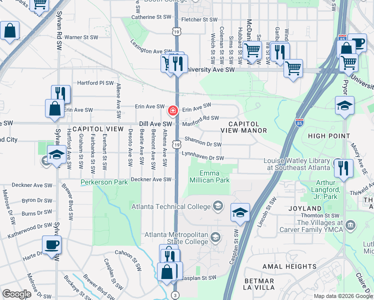 map of restaurants, bars, coffee shops, grocery stores, and more near 574 Shannon Drive Southwest in Atlanta