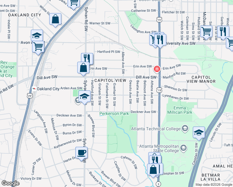 map of restaurants, bars, coffee shops, grocery stores, and more near 1386 Everhart Street Southwest in Atlanta