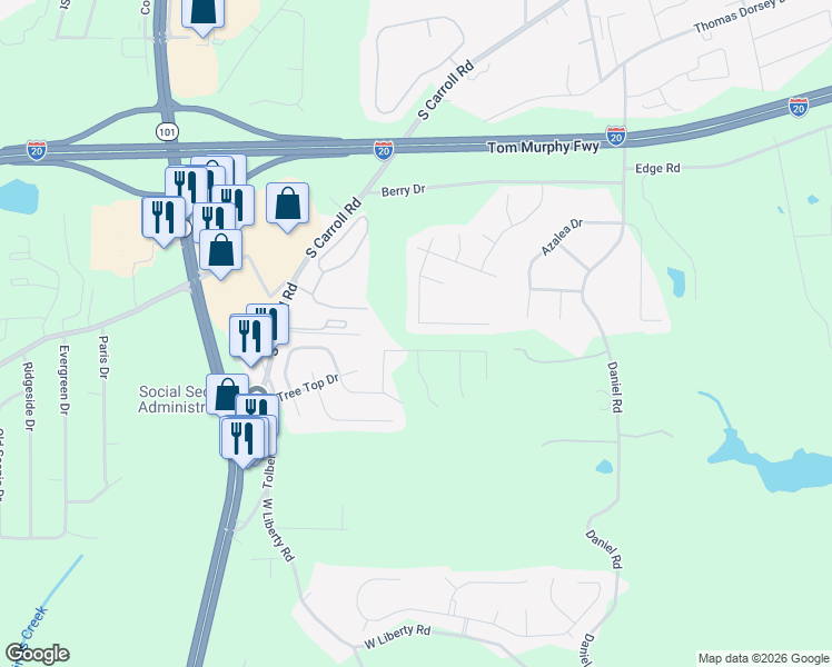 map of restaurants, bars, coffee shops, grocery stores, and more near 634 Amberwood Drive in Villa Rica