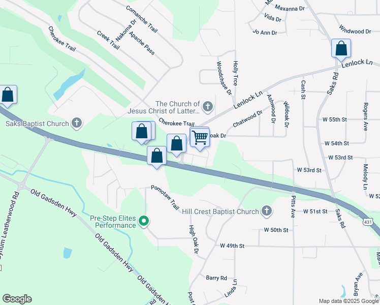 map of restaurants, bars, coffee shops, grocery stores, and more near 2495 U.S. 431 in Anniston