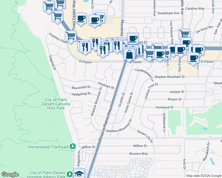 map of restaurants, bars, coffee shops, grocery stores, and more near 45817 California 74 in Palm Desert