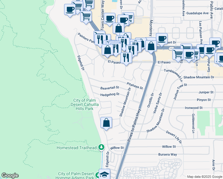 map of restaurants, bars, coffee shops, grocery stores, and more near 72689 Beavertail Street in Palm Desert