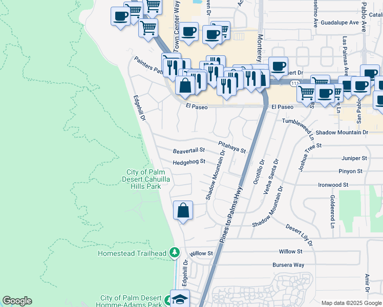 map of restaurants, bars, coffee shops, grocery stores, and more near 72689 Beavertail Street in Palm Desert