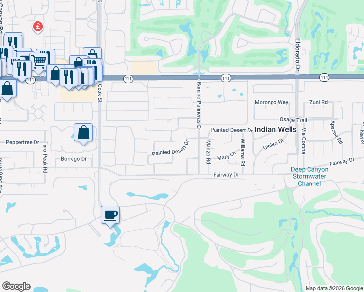 map of restaurants, bars, coffee shops, grocery stores, and more near 75390 Painted Desert Drive in Indian Wells