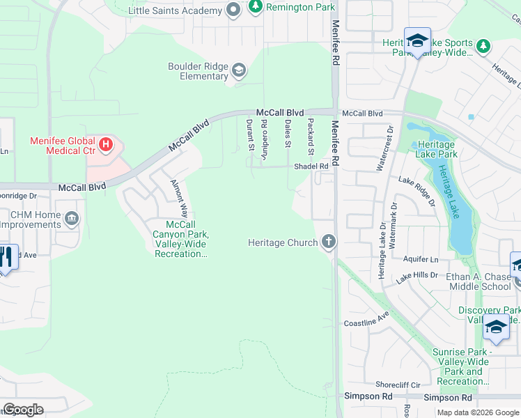 map of restaurants, bars, coffee shops, grocery stores, and more near 27825 Durant Street in Menifee