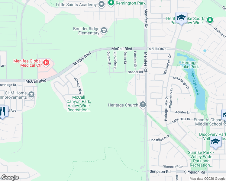 map of restaurants, bars, coffee shops, grocery stores, and more near Junipero Road in Menifee
