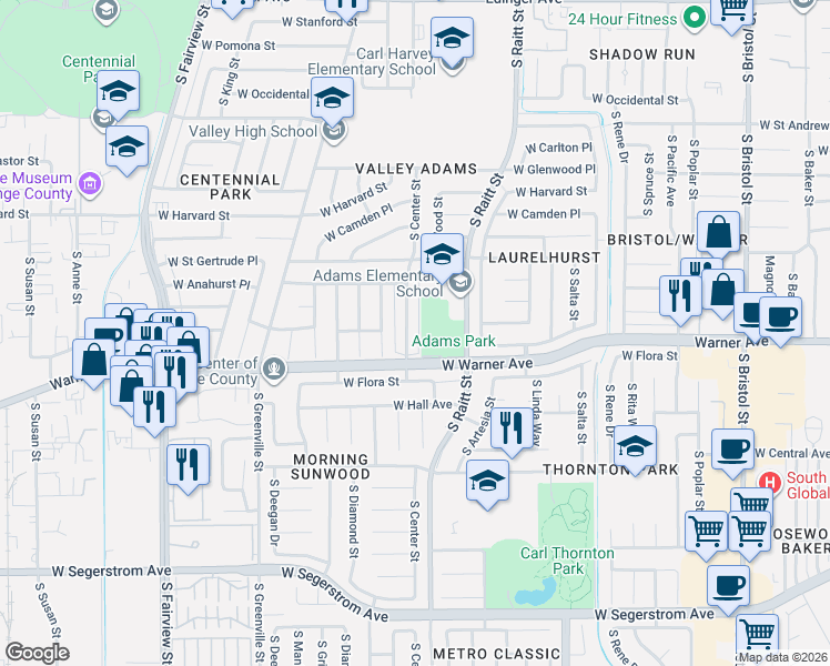 map of restaurants, bars, coffee shops, grocery stores, and more near 2301 South Center Street in Santa Ana
