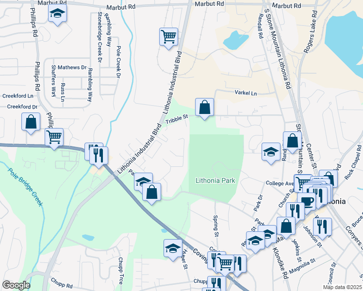 map of restaurants, bars, coffee shops, grocery stores, and more near 2653 Parkway Trail in Lithonia