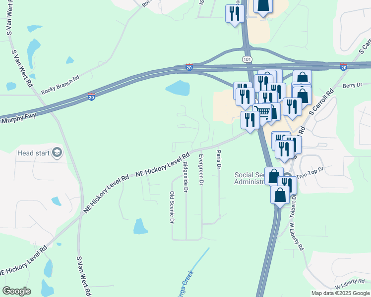 map of restaurants, bars, coffee shops, grocery stores, and more near 801 Northeast Hickory Level Road in Villa Rica