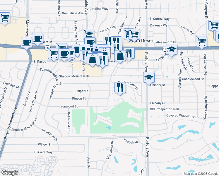 map of restaurants, bars, coffee shops, grocery stores, and more near 45753 San Luis Rey Avenue in Palm Desert