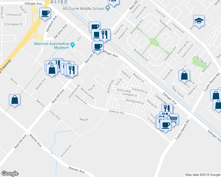 map of restaurants, bars, coffee shops, grocery stores, and more near 15250 Severyns Road in Tustin