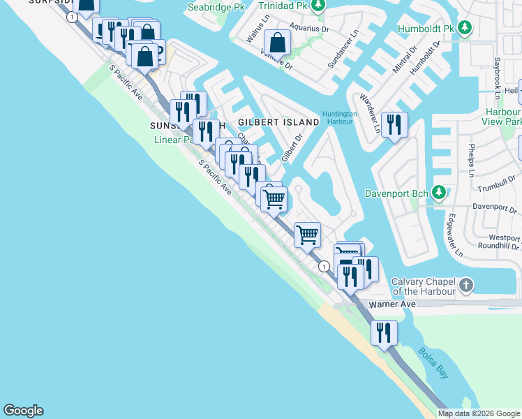 map of restaurants, bars, coffee shops, grocery stores, and more near 16873 California 1 in Huntington Beach