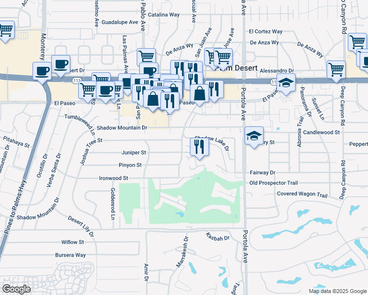 map of restaurants, bars, coffee shops, grocery stores, and more near 45750 San Luis Rey Avenue in Palm Desert