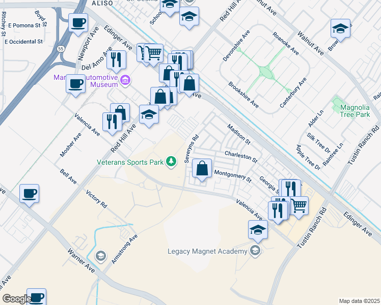 map of restaurants, bars, coffee shops, grocery stores, and more near 15250 Severyns Road in Tustin