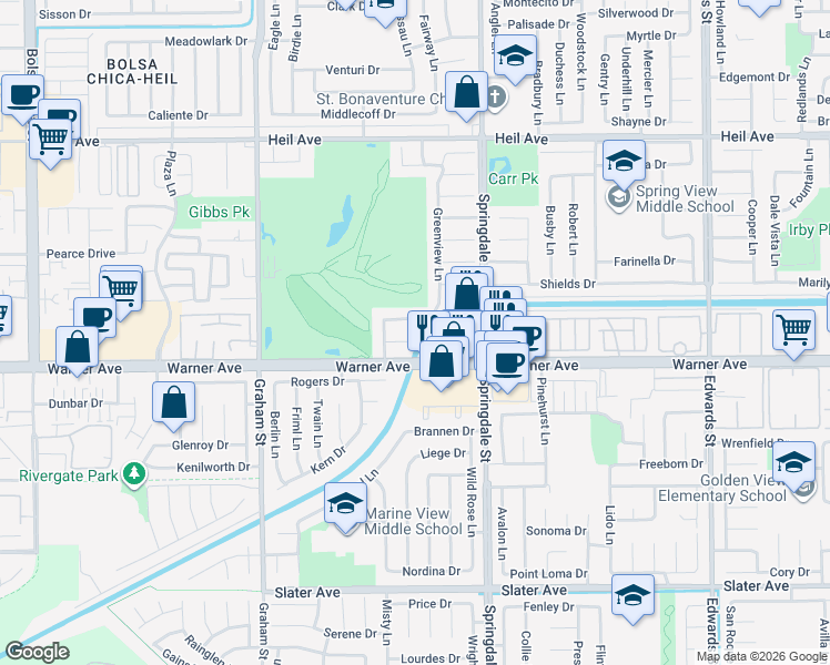 map of restaurants, bars, coffee shops, grocery stores, and more near 5825 View Circle in Huntington Beach