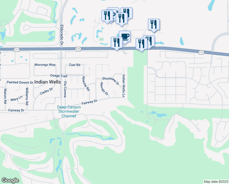 map of restaurants, bars, coffee shops, grocery stores, and more near Cholame Way in Indian Wells