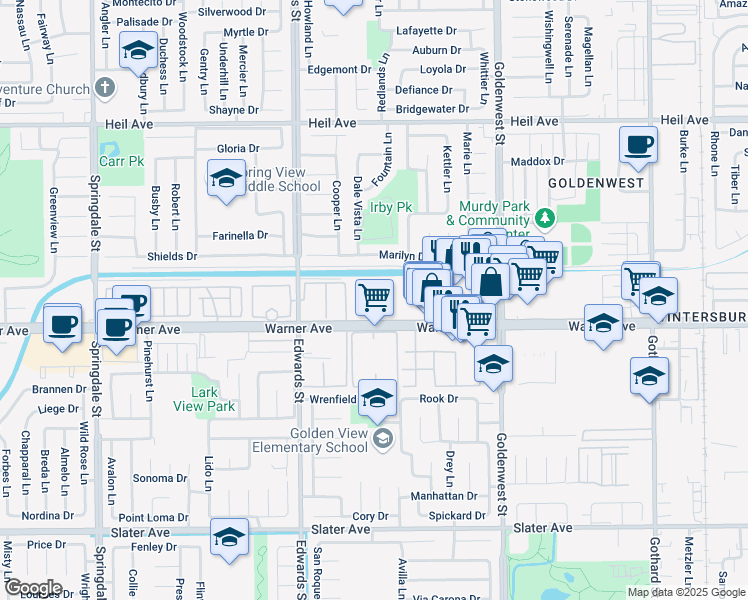 map of restaurants, bars, coffee shops, grocery stores, and more near 16872 Limelight Circle in Huntington Beach