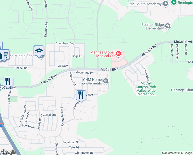 map of restaurants, bars, coffee shops, grocery stores, and more near 27793 Antelope Road in Menifee