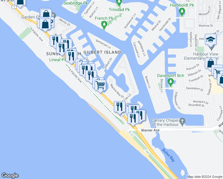 map of restaurants, bars, coffee shops, grocery stores, and more near 16892 Marina Bay Drive in Huntington Beach