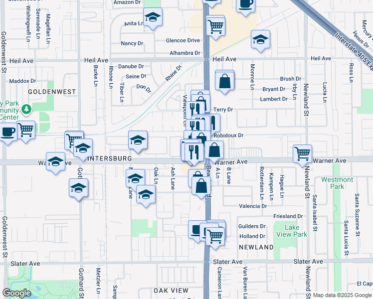 map of restaurants, bars, coffee shops, grocery stores, and more near 7881 Woodlake Drive in Huntington Beach