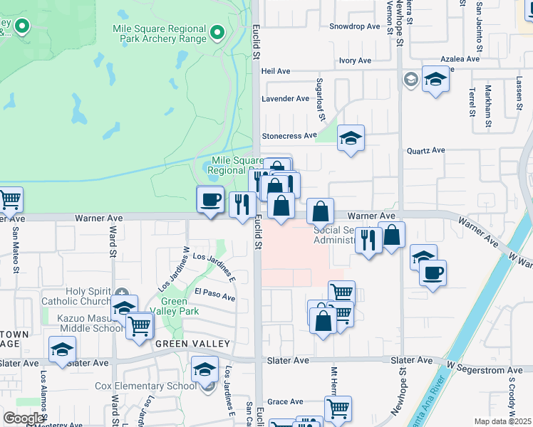 map of restaurants, bars, coffee shops, grocery stores, and more near 11045 Warner Avenue in Fountain Valley