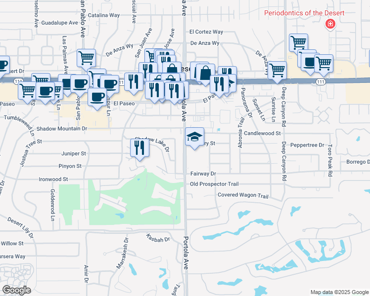 map of restaurants, bars, coffee shops, grocery stores, and more near 45768 Portola Avenue in Palm Desert