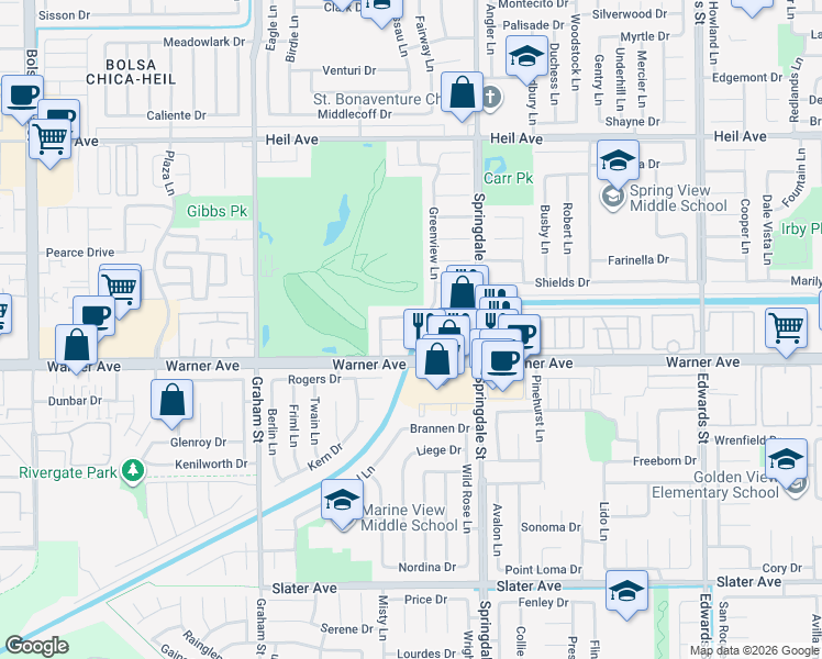 map of restaurants, bars, coffee shops, grocery stores, and more near 5825 View Circle in Huntington Beach