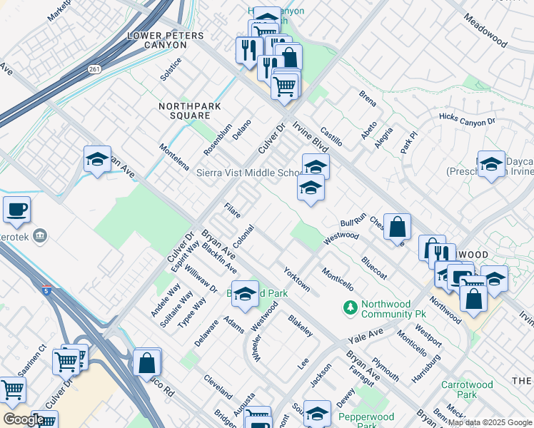 map of restaurants, bars, coffee shops, grocery stores, and more near 37 Colonial in Irvine