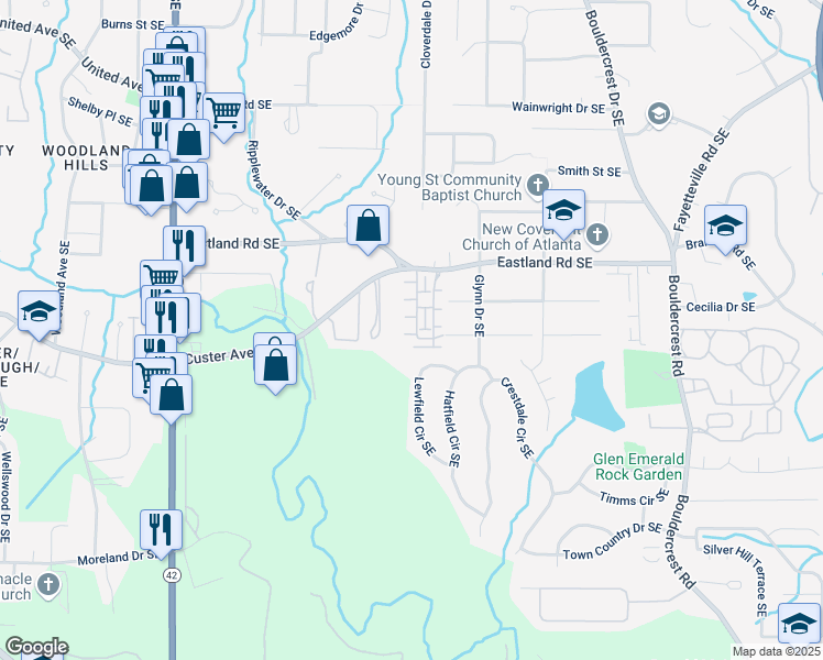 map of restaurants, bars, coffee shops, grocery stores, and more near 1415 Eastland Road Southeast in Atlanta