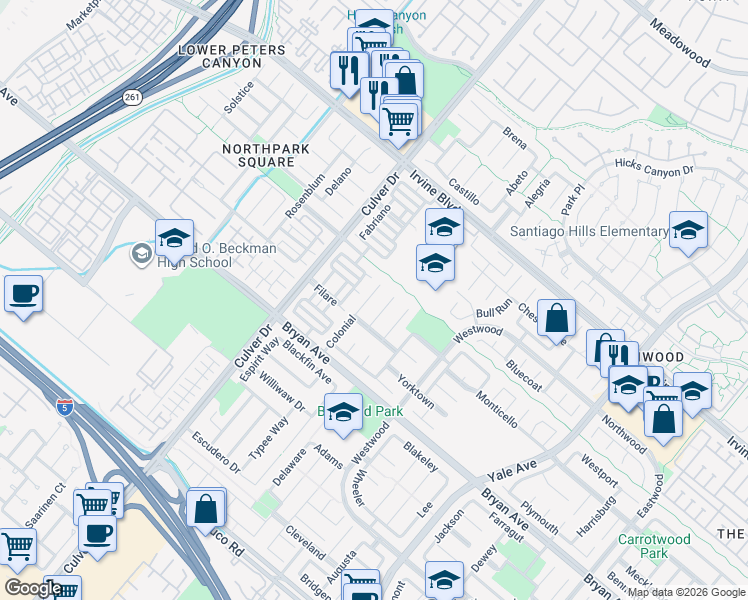 map of restaurants, bars, coffee shops, grocery stores, and more near 32 Colonial in Irvine