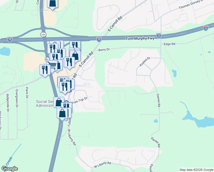 map of restaurants, bars, coffee shops, grocery stores, and more near 634 Amberwood Drive in Villa Rica