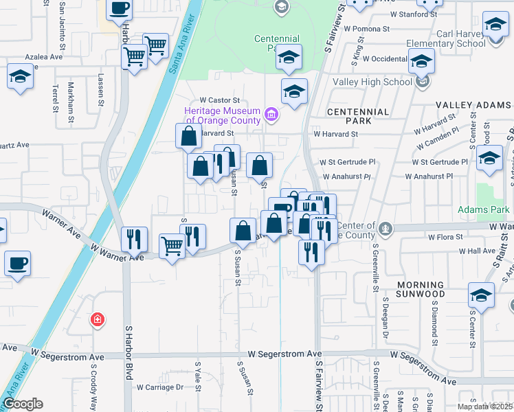 map of restaurants, bars, coffee shops, grocery stores, and more near 2230 South Anne Street in Santa Ana